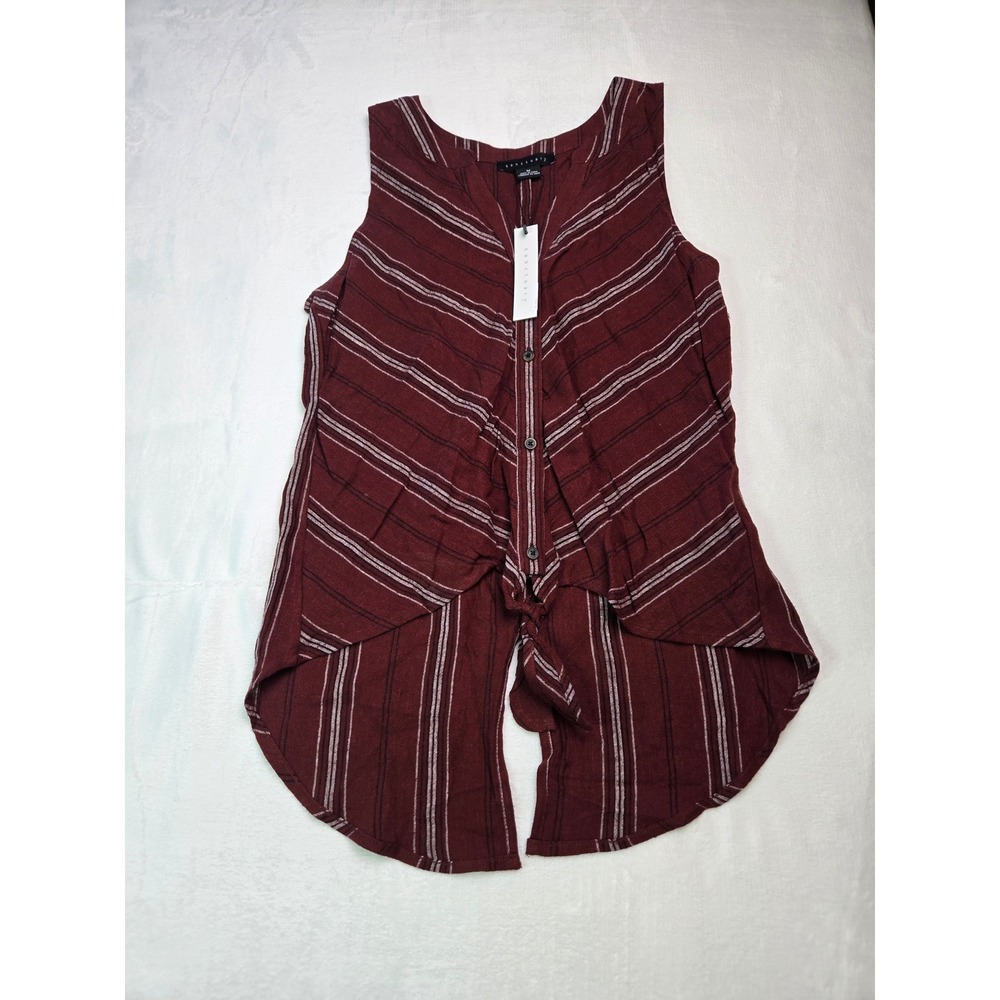 NWT Sanctuary Womens Burgundy Striped Linen‎ Blend Front Tie Sleeveless Top  M